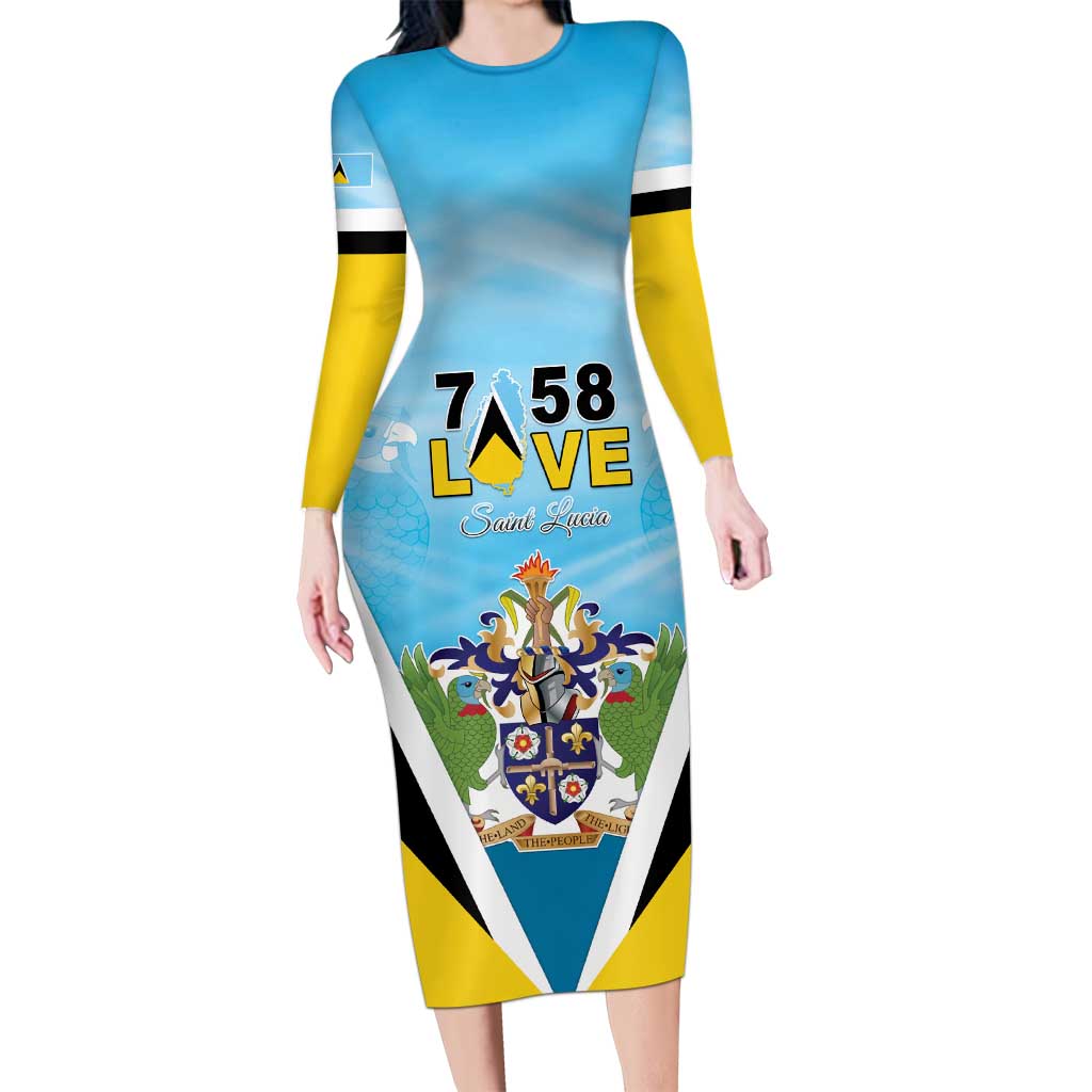 Personalised Saint Lucia 758 Long Sleeve Bodycon Dress With Coat Of Arms