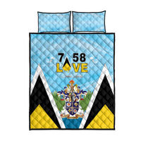 Light blue quilt bed set with coat of arms crest, “58 LOVE” text, 2 pillows
