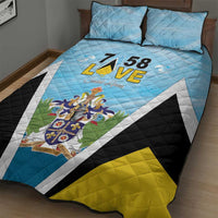 Blue quilt with diagonal stripes and coat of arms crest, “58 LOVE” on bed