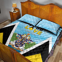Blue quilt bed set with coat of arms crest, “58 LOVE” motif, two square pillows