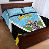 Blue quilt bed set with coat of arms crest, “58 LOVE” print, includes two pillows