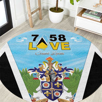 Blue round carpet with Saint Lucia coat of arms, LOVE 58 print, black and white border