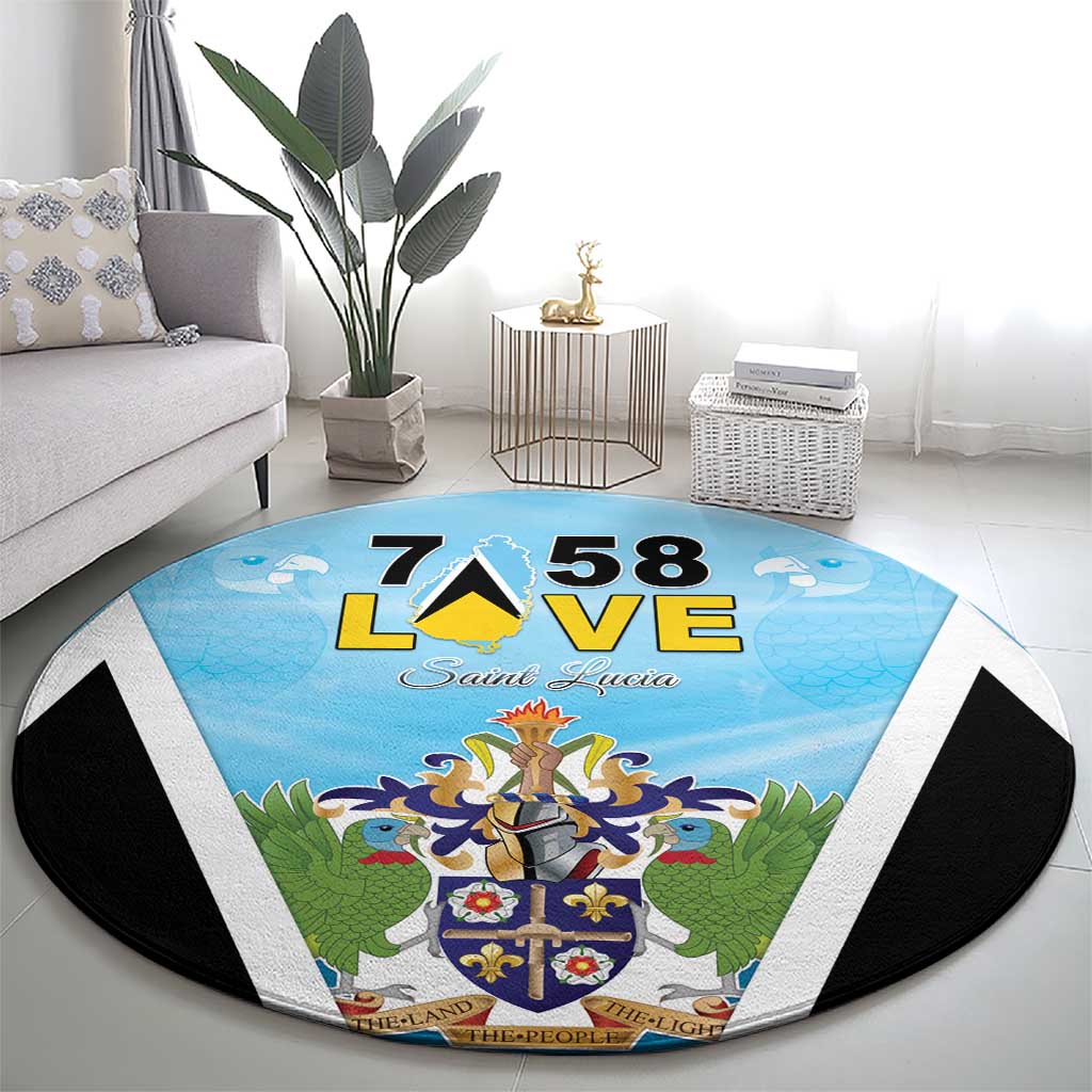 Blue round living-room carpet with Saint Lucia coat of arms, LOVE 58 text, black corner trim