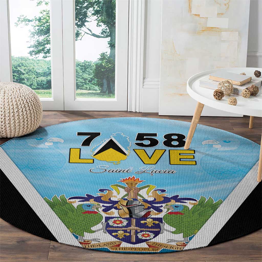 Blue round carpet featuring Saint Lucia crest and LOVE 58, black-and-white diagonal border