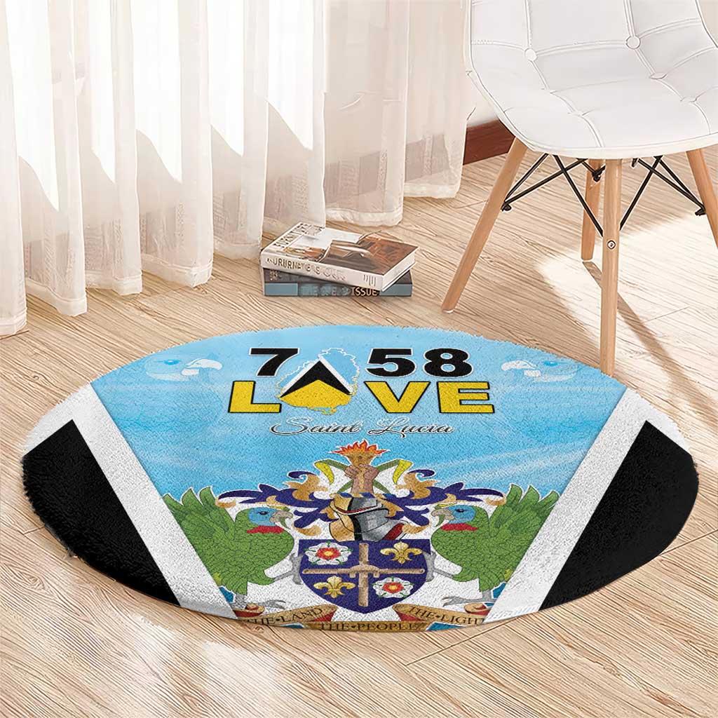 Blue round Saint Lucia carpet with LOVE 58 center crest and black semicircle border accents