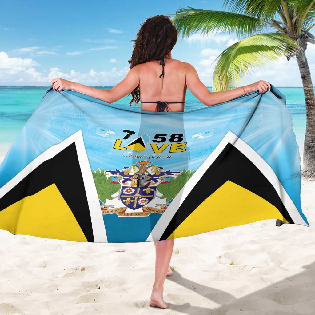 Blue sarong with coat of arms print and black/yellow triangle graphic, held wide