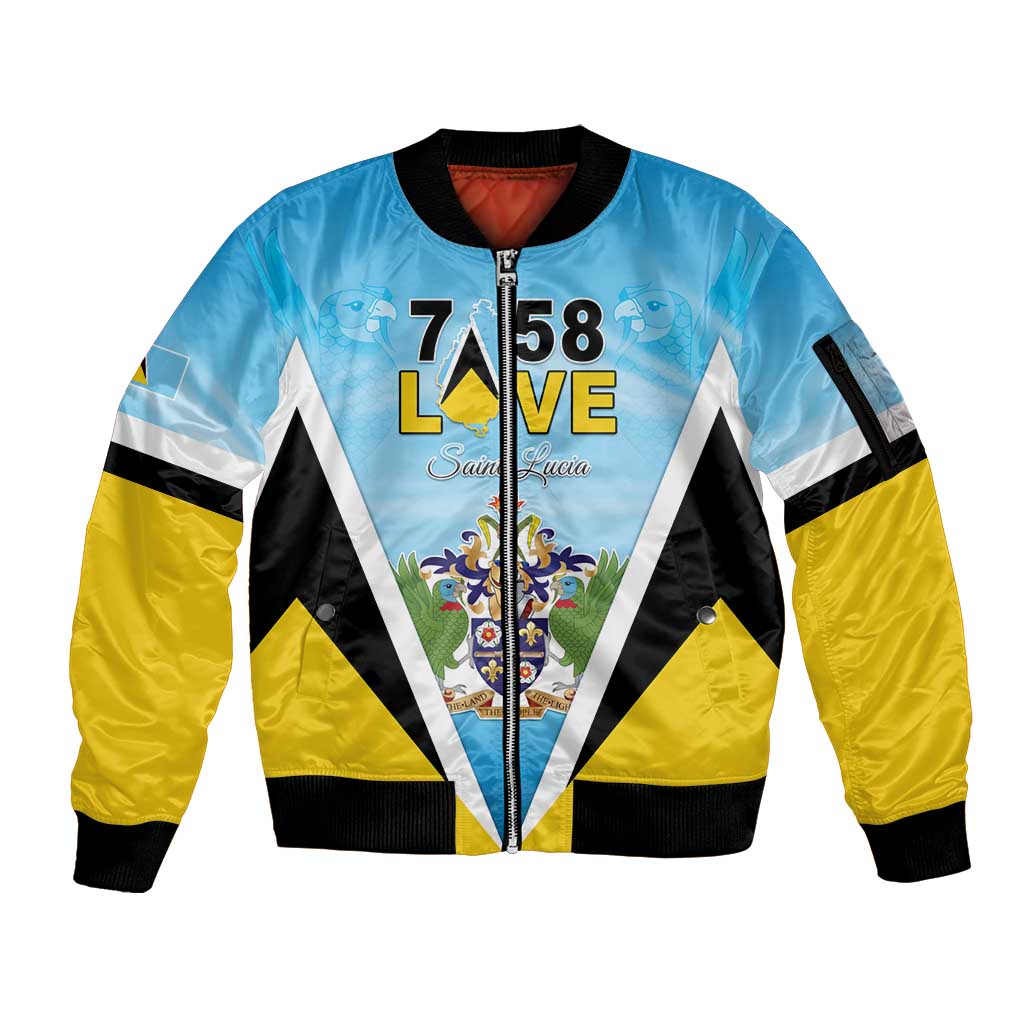 Personalised Saint Lucia 758 Sleeve Zip Bomber Jacket With Coat Of Arms