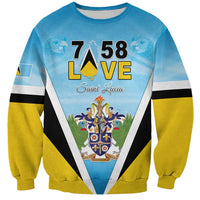 Blue unisex sweatshirt with large Saint Lucia crest and 7 58 LOVE graphic