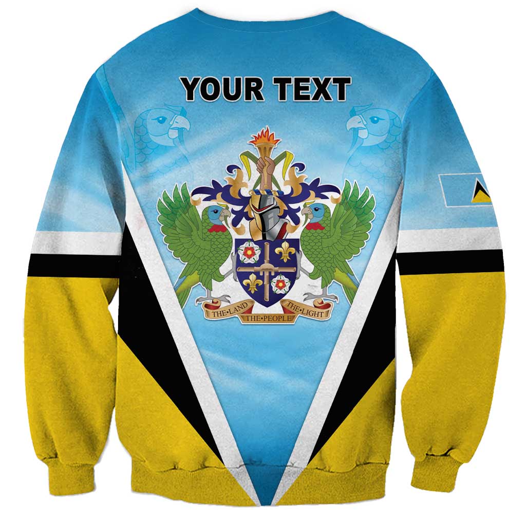 Blue unisex sweatshirt, back graphic with YOUR TEXT and Saint Lucia coat of arms