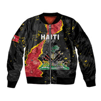 Black bomber jacket with front zip and bold Haiti crest graphic across chest