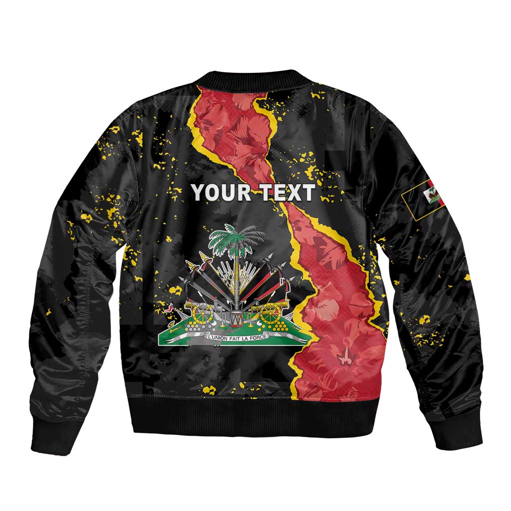 Black bomber jacket with back graphic and 'YOUR TEXT' print, ribbed hem cuffs