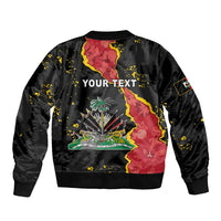 Black bomber jacket with back graphic and 'YOUR TEXT' print, ribbed hem cuffs