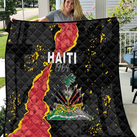 Black quilt blanket with Haiti map, coat of arms, and scattered yellow speckles