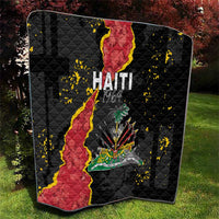 Black quilt blanket with Haiti map panel and coat of arms, yellow speckle pattern
