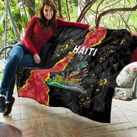 Black quilt blanket held outdoors, Haiti map artwork with coat of arms and yellow specks