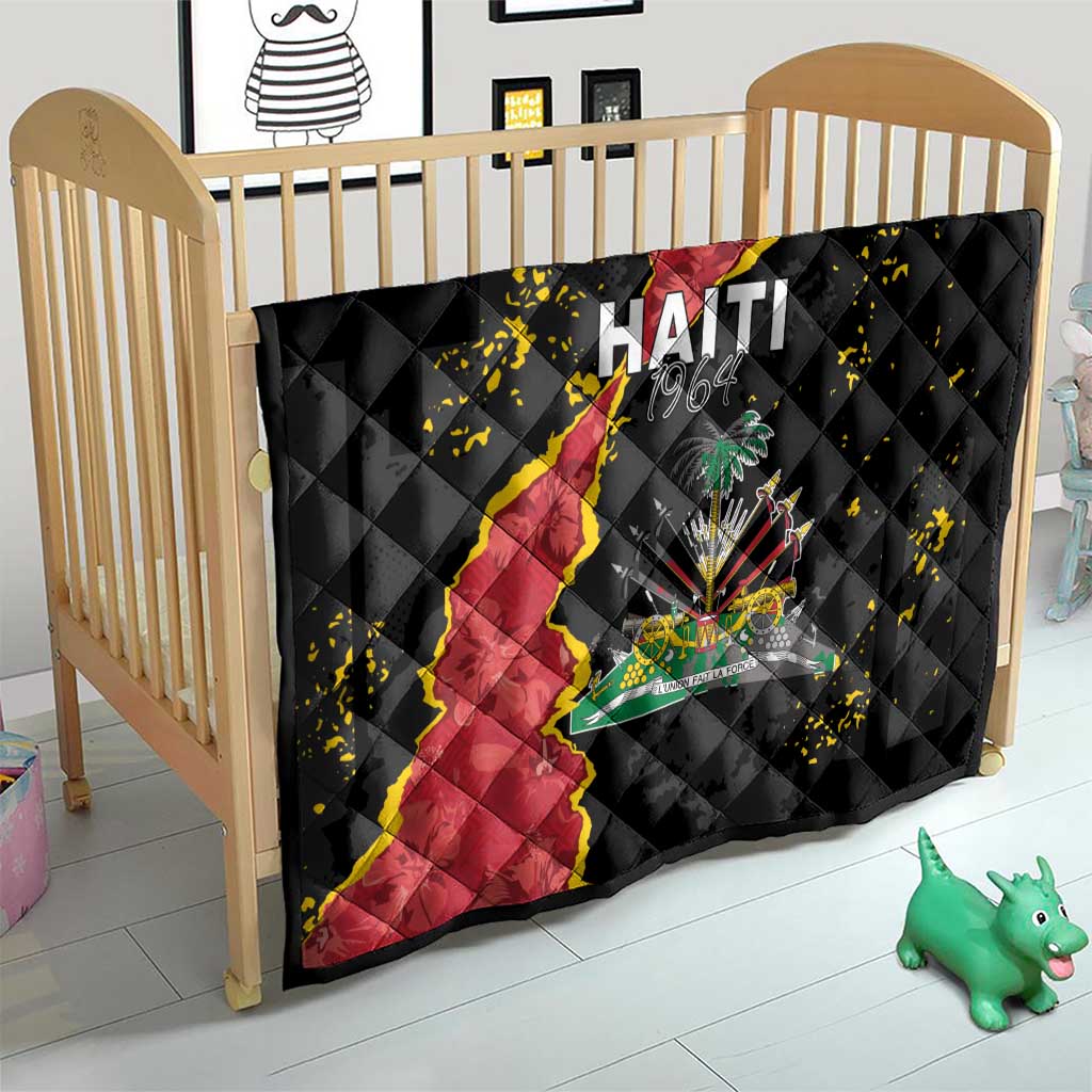 Black quilt blanket on baby bed, Haiti map and coat of arms graphic