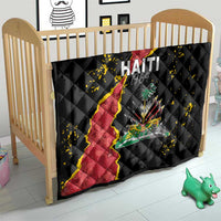 Black quilt blanket on baby bed, Haiti map and coat of arms graphic