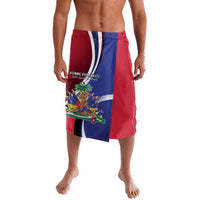 Red wrap-style skirt with blue stripe panel and colorful front graphic