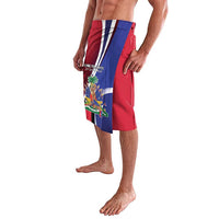 Red wrap skirt side view with blue-and-white stripes and colorful panel