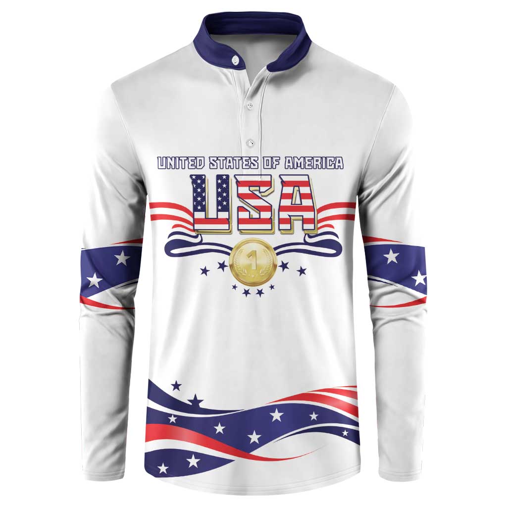 Men's white button sweatshirt with USA front graphic, navy button placket, long sleeves
