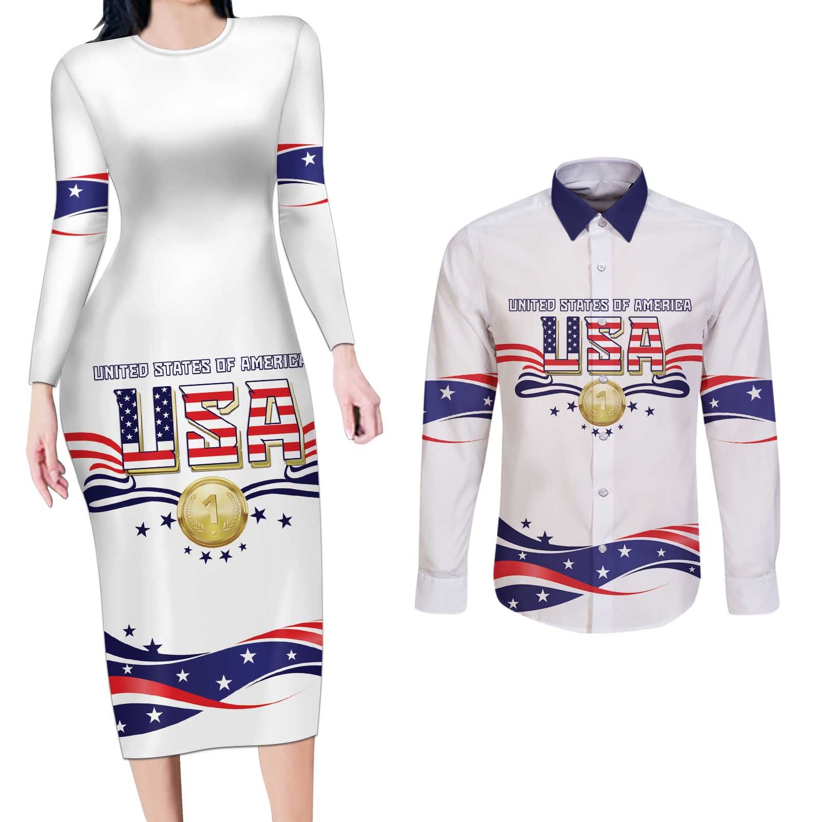 Custom USA 2024 Couples Matching Long Sleeve Bodycon Dress and Long Sleeve Button Shirt Summer Sport Go United States LT05 - Wonder Print Shop