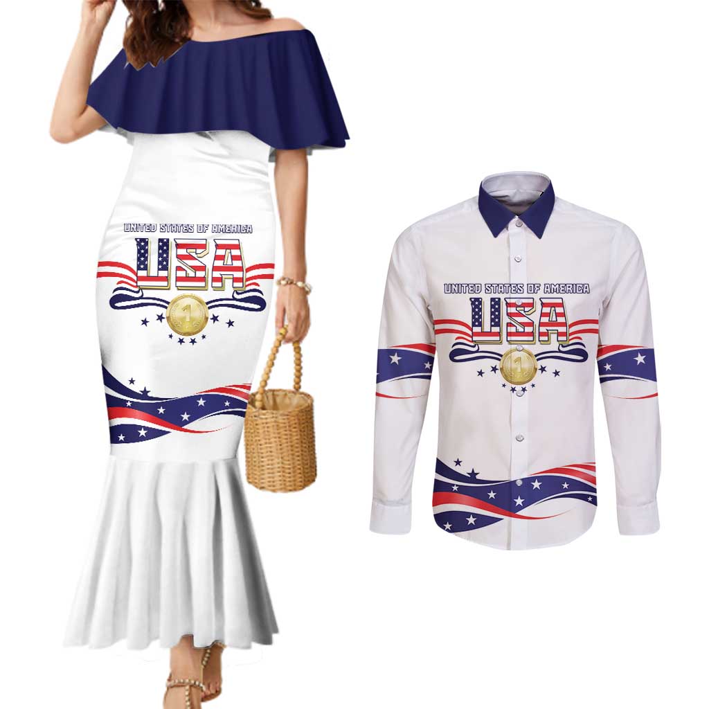 Custom Team USA 2024 Couples Matching Mermaid Dress and Long Sleeve Button Shirt Summer Sport Go United States