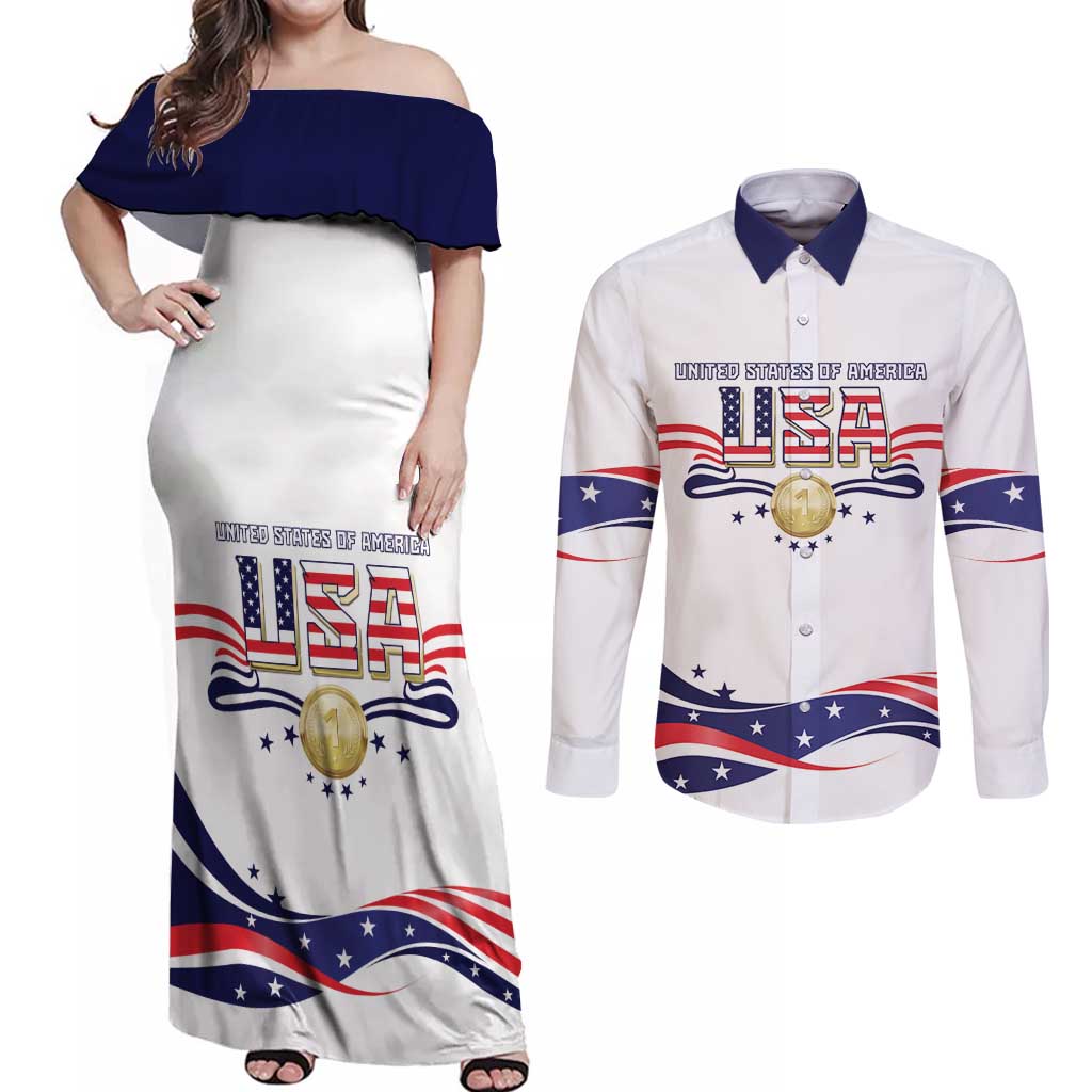 Custom USA 2024 Couples Matching Off Shoulder Maxi Dress and Long Sleeve Button Shirt Summer Sport Go United States LT05 - Wonder Print Shop