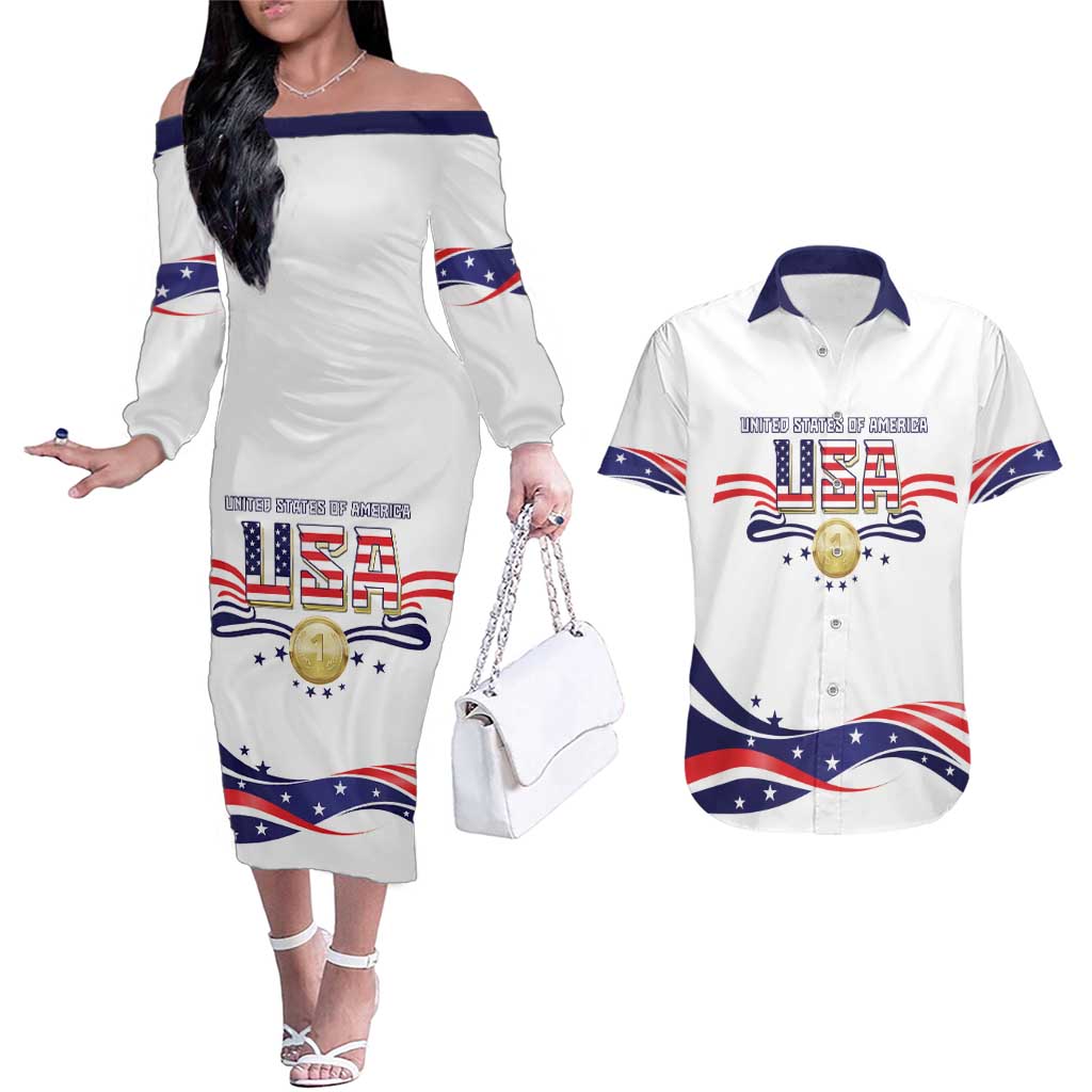 Custom USA 2024 Couples Matching Off The Shoulder Long Sleeve Dress and Hawaiian Shirt Summer Sport Go United States LT05 - Wonder Print Shop