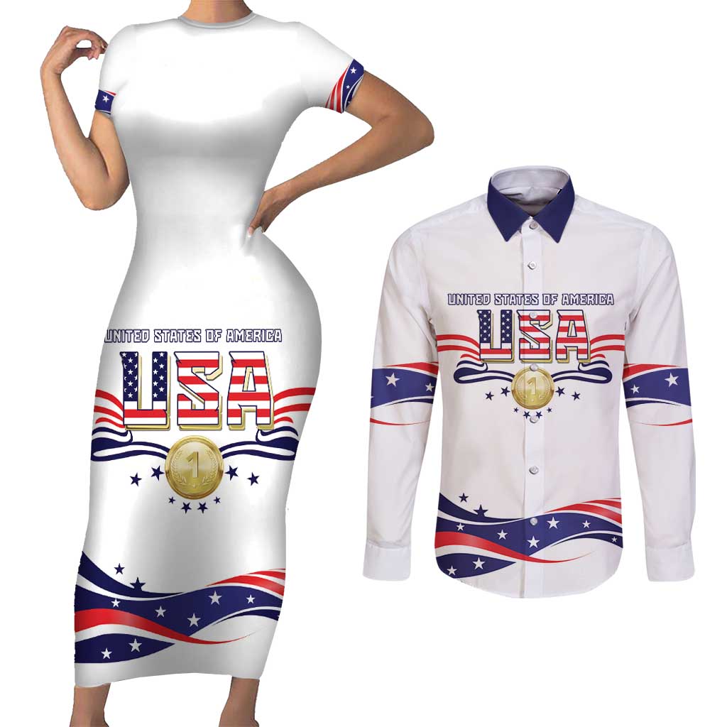 Custom USA 2024 Couples Matching Short Sleeve Bodycon Dress and Long Sleeve Button Shirt Summer Sport Go United States LT05 - Wonder Print Shop