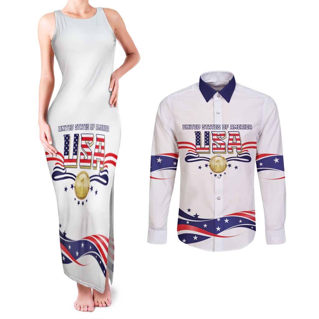 Custom USA 2024 Couples Matching Tank Maxi Dress and Long Sleeve Button Shirt Summer Sport Go United States LT05 - Wonder Print Shop