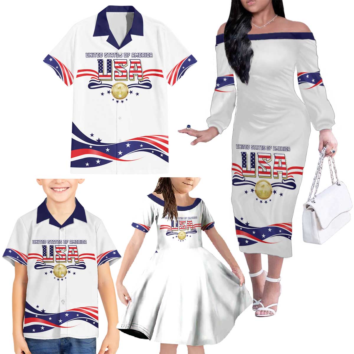 Custom USA 2024 Family Matching Off The Shoulder Long Sleeve Dress and Hawaiian Shirt Summer Sport Go United States LT05 - Wonder Print Shop