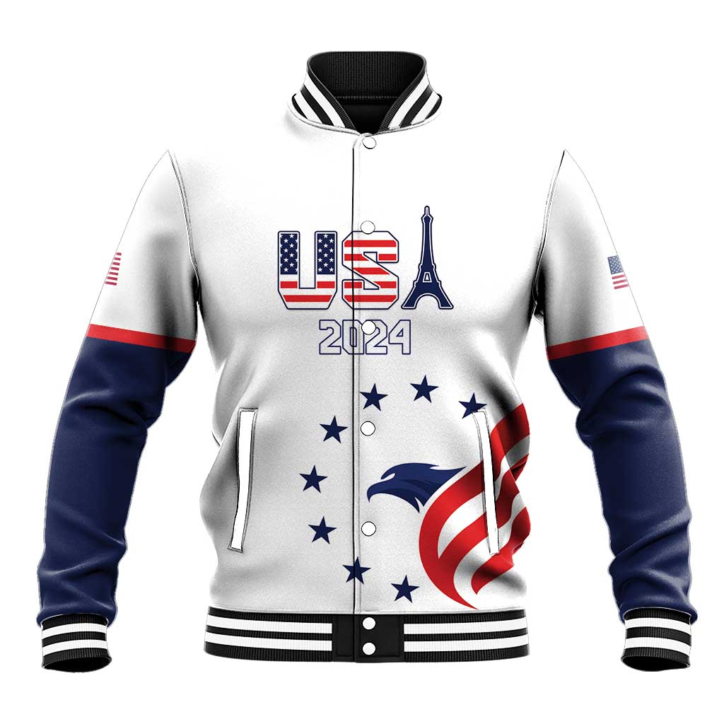 White baseball jacket with USA 2024 graphic, ribbed collar/cuffs, zip front, navy sleeves