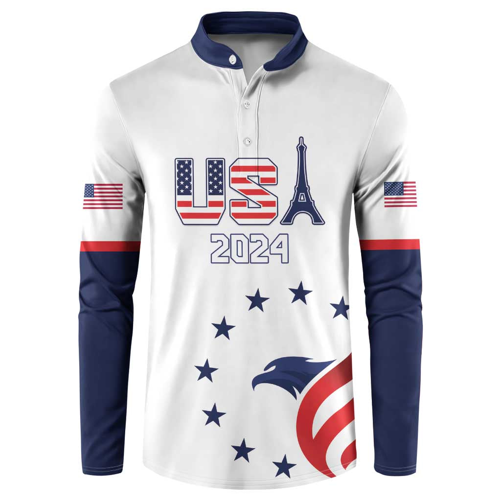 White button sweatshirt with navy collar, 'USA 2024' front graphic and US flag sleeve stripes