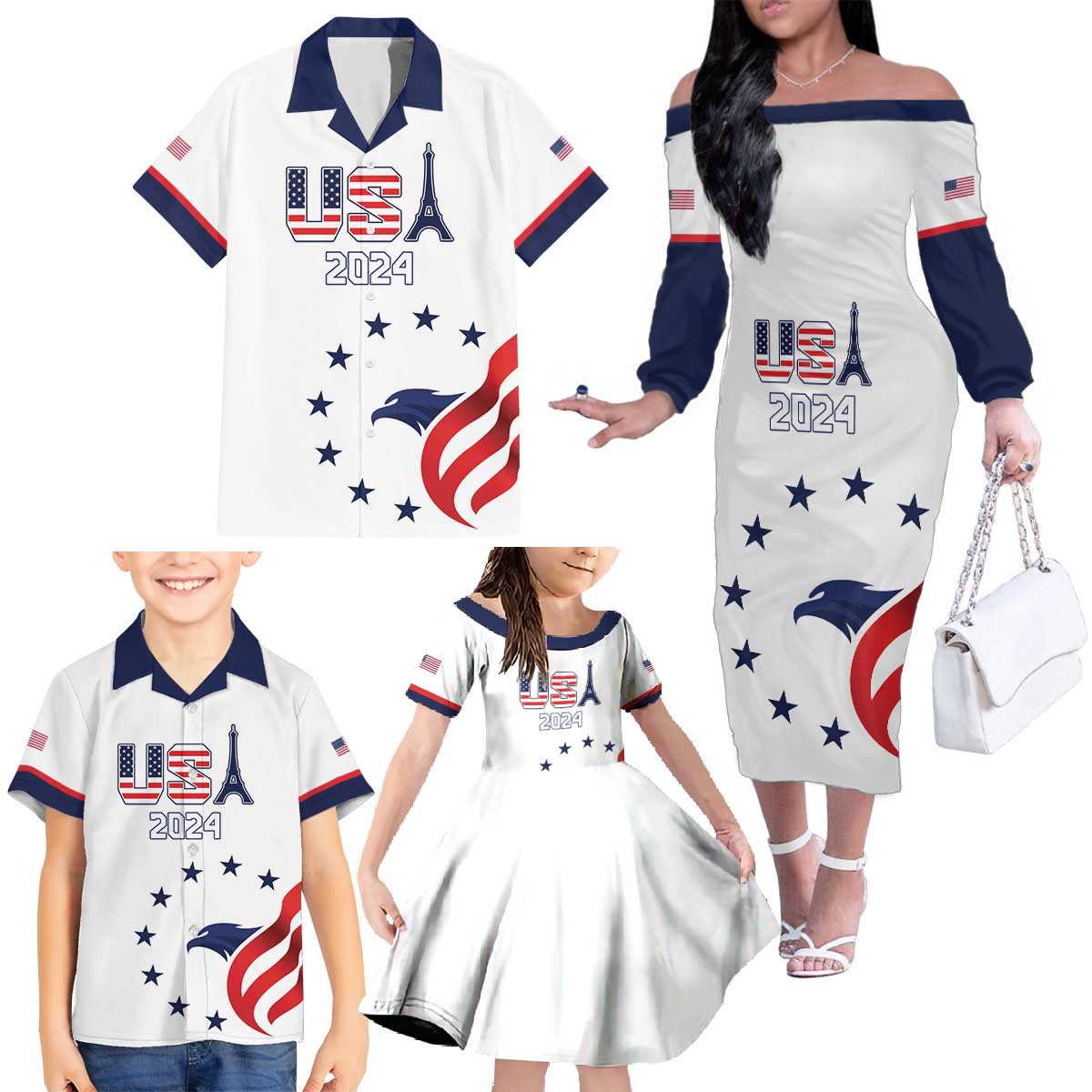 Custom USA 2024 Paris Family Matching Off The Shoulder Long Sleeve Dress and Hawaiian Shirt United States Sport LT05 - Wonder Print Shop