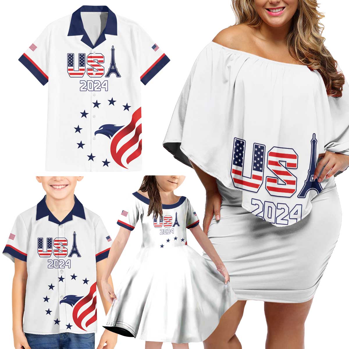 Custom USA 2024 Paris Family Matching Off Shoulder Short Dress and Hawaiian Shirt United States Sport LT05 - Wonder Print Shop