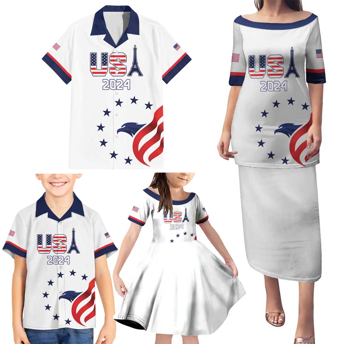 Custom USA 2024 Paris Family Matching Puletasi and Hawaiian Shirt United States Sport LT05 - Wonder Print Shop