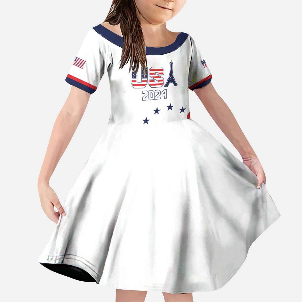 Custom USA 2024 Paris Kid Short Sleeve Dress United States Sport LT05 - Wonder Print Shop