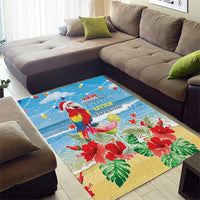 Colorful macaw parrot tropical Christmas area rug with red flowers and leafy green accents