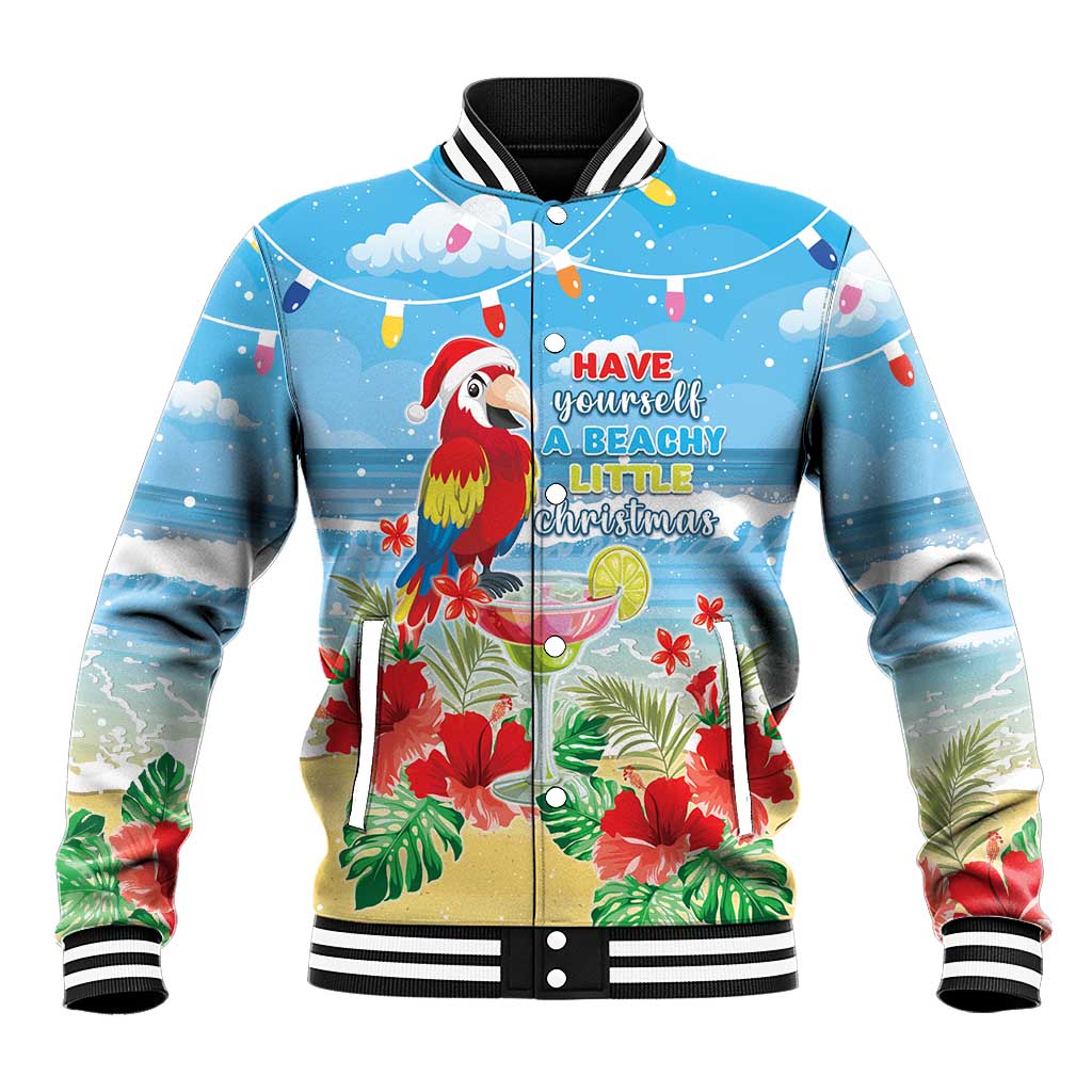 Blue tropical Christmas baseball jacket with macaw parrot graphic, button front