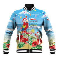 Blue tropical Christmas baseball jacket with macaw parrot graphic, button front