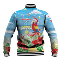 Blue tropical Christmas baseball jacket back with macaw parrot, striped ribbed trim