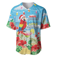 Blue tropical Christmas baseball jersey with parrot, palm leaves and floral print