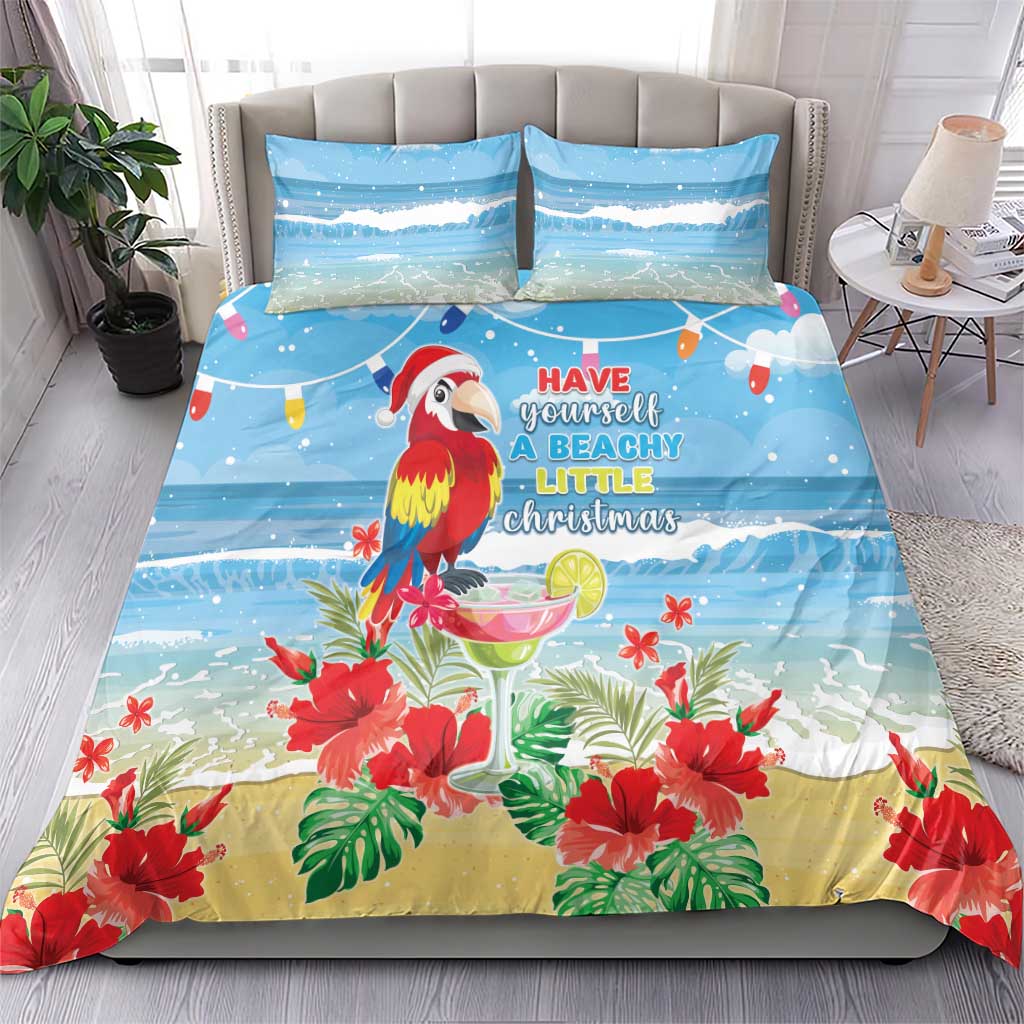 Blue tropical Christmas bedding set with parrot, beach scene, and two pillowcases