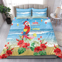 Blue tropical Christmas bedding set with parrot, beach scene, and two pillowcases