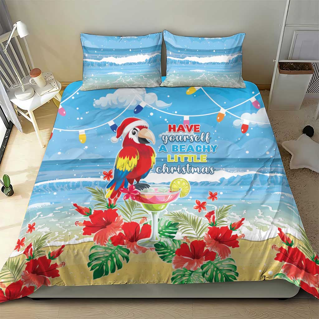 Blue tropical Christmas bedding set featuring a parrot, floral accents, and two pillowcases