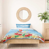 Blue tropical Christmas bedding set with parrot artwork and floral print on a wooden bed
