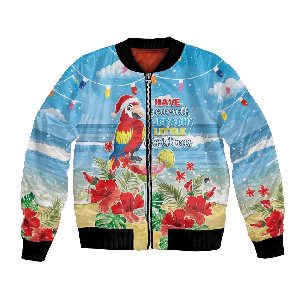 Blue bomber jacket with zipper, tropical parrot and Santa print, black ribbed hem