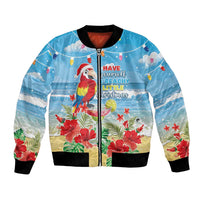 Blue bomber jacket with zipper, tropical parrot and Santa print, black ribbed hem