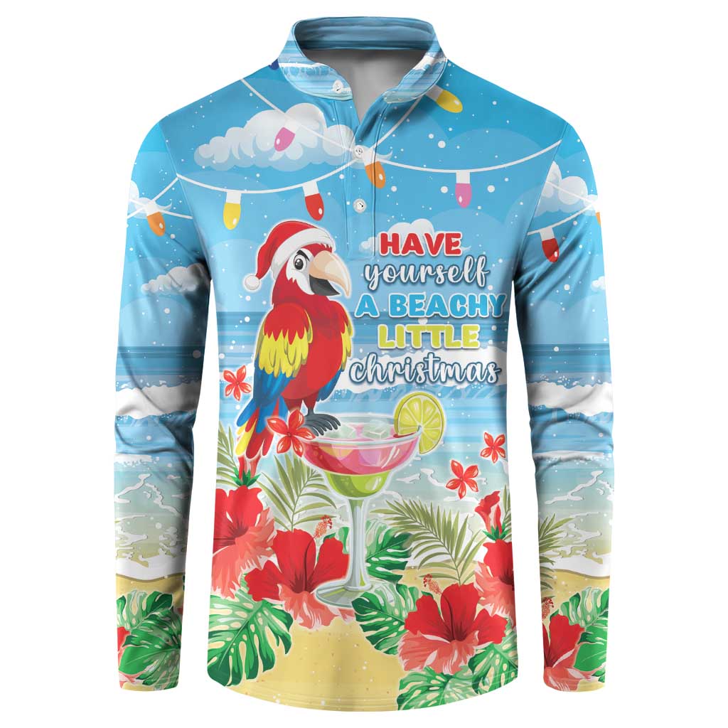 Blue button-up sweatshirt with tropical macaw and beach Christmas graphic