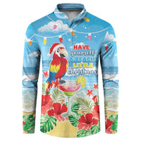 Blue button-up sweatshirt with tropical macaw and beach Christmas graphic